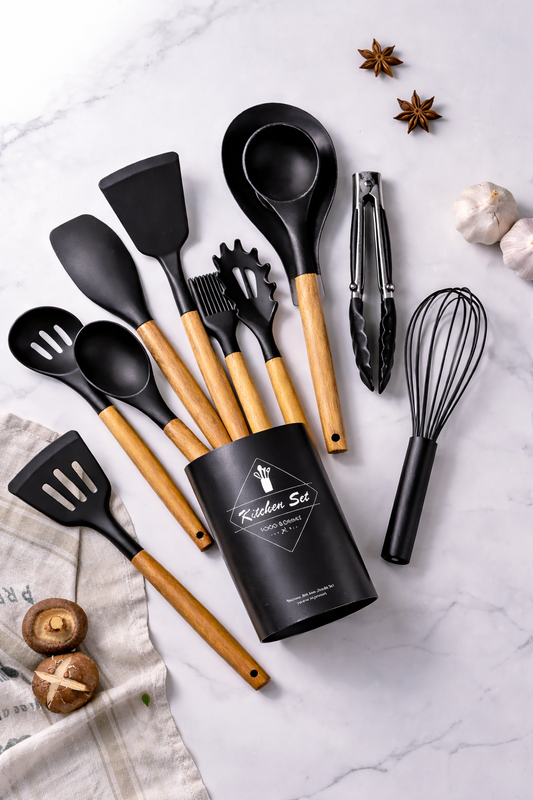 12-Piece Silicone Cooking Utensil Set with Wooden Handles – Non-Stick Safe