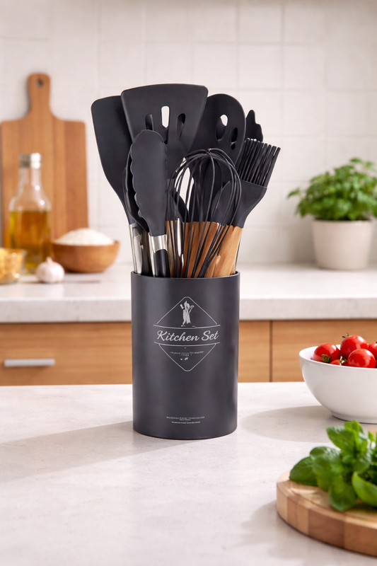 12-Piece Silicone Cooking Utensil Set with Wooden Handles – Non-Stick Safe